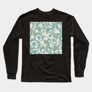 Ivory Cream and Aqua Light Teal Pink Flowers Long Sleeve T-Shirt